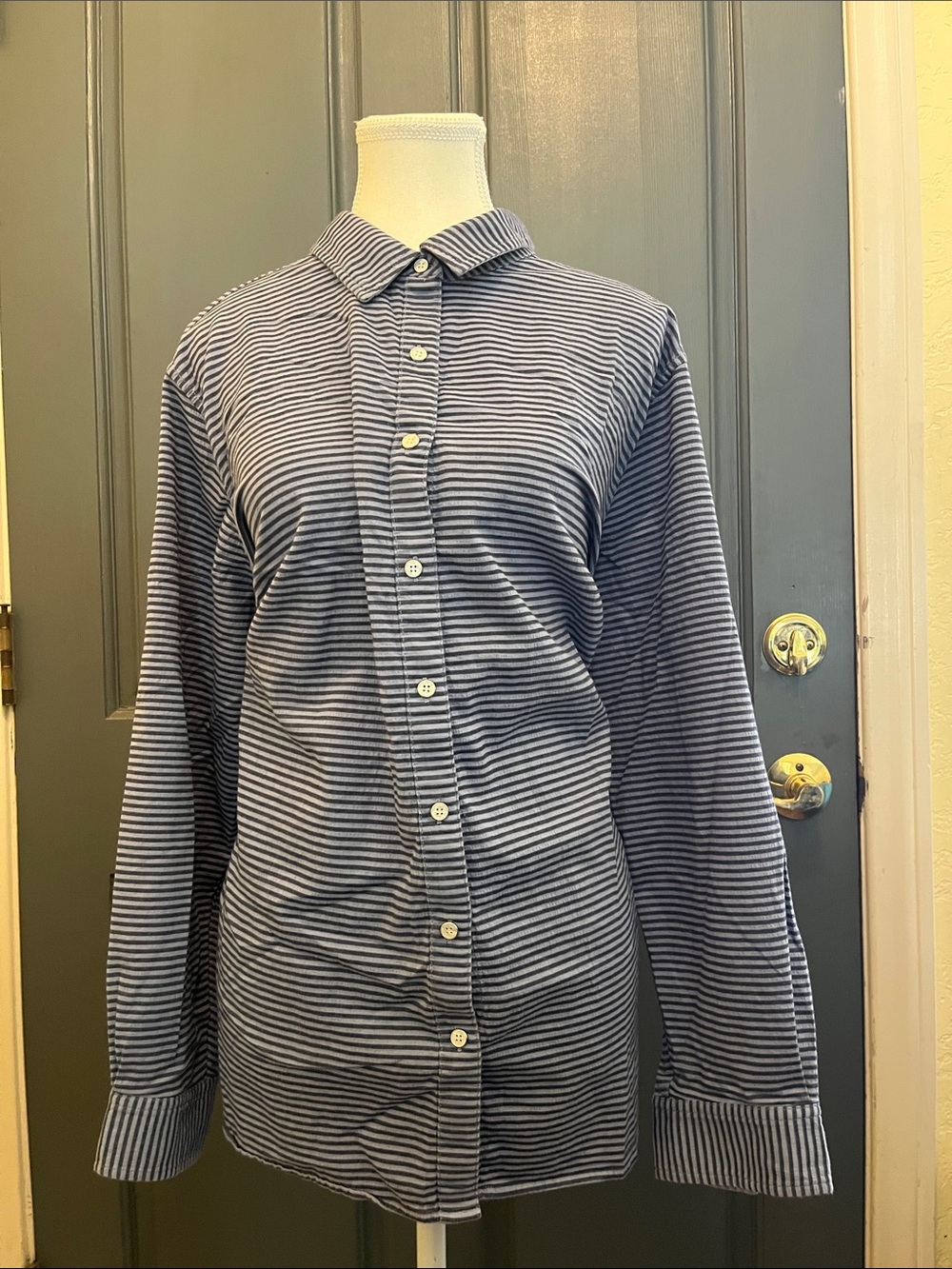 Lands' End Blue Striped Women's Snap Button Down Shirt